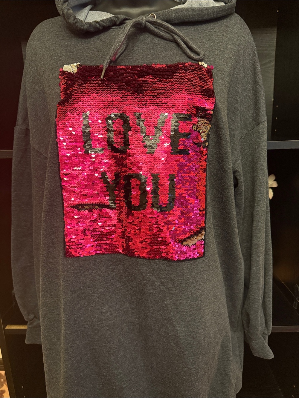 Fashion Nova Gray Hoodie Dress with Reversible Sequin "LOVE YOU" Panel